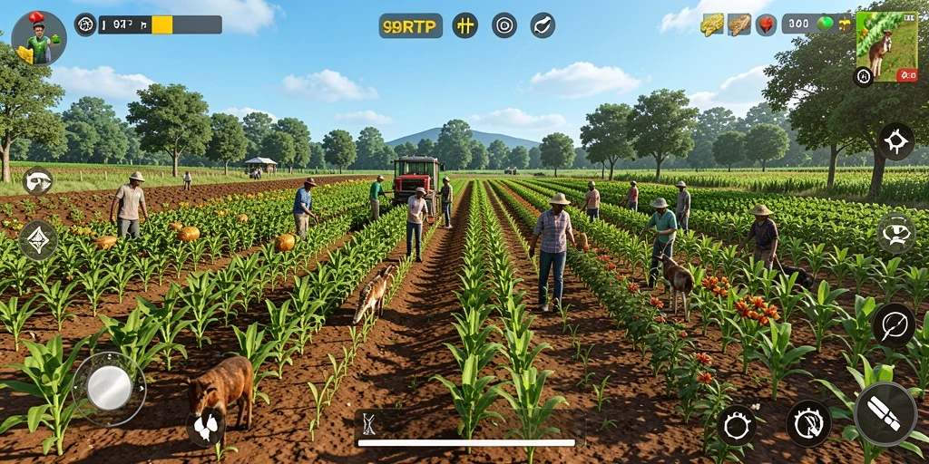 Tampilan gameplay 99RTP yang menampilkan kebun hijau yang subur.