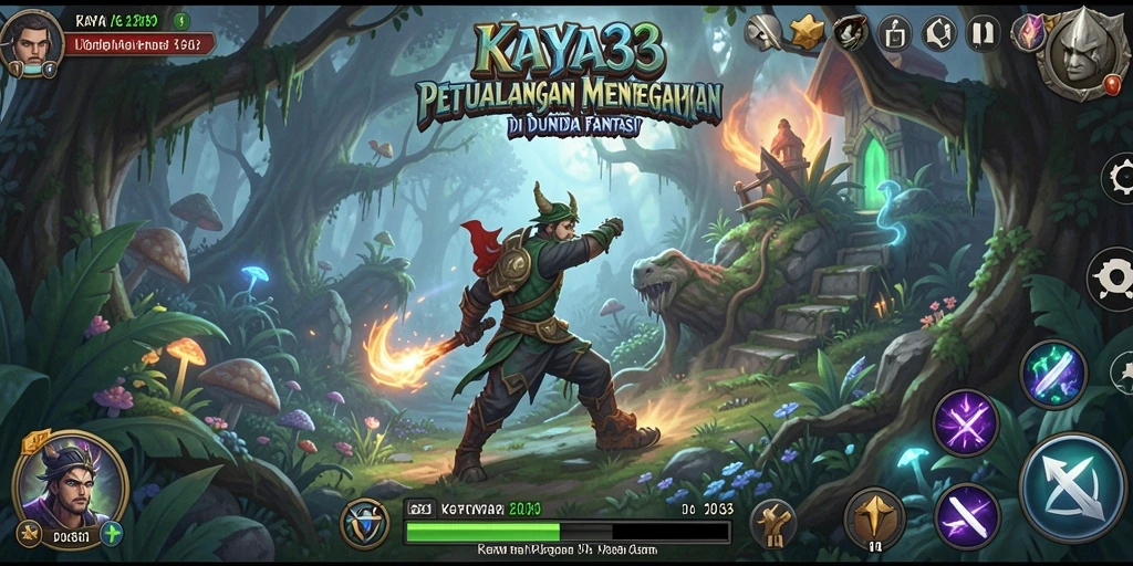 Screenshot gameplay KAYA33 menunjukkan karakter yang berpetualang di dunia fantastis.