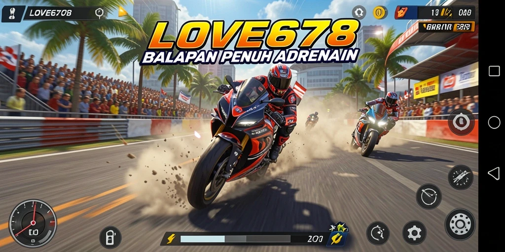 Screenshot gameplay LOVE678 menunjukkan aksi balapan motor yang seru.