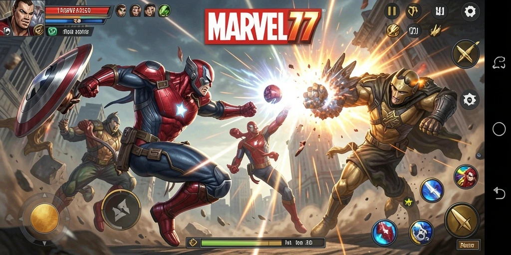 Screenshot menampilkan aksi mendebarkan dalam pertempuran MARVEL77.