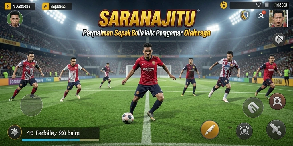 Screenshot gameplay <strong>SARANAJITU</strong> menunjukkan aksi seru di lapangan sepak bola.