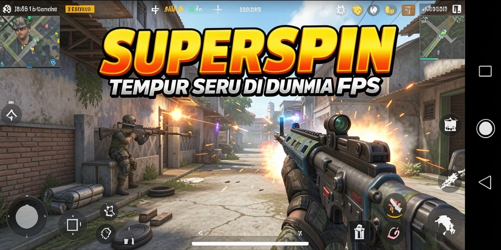 Tampilan aksi mendebarkan dalam gameplay SUPERSPIN FPS.