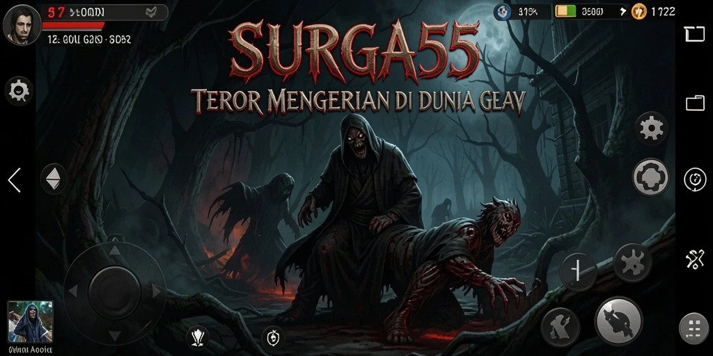 Screenshot SURGA55 menampilkan suasana mencekam dengan makhluk horor yang menyerang.